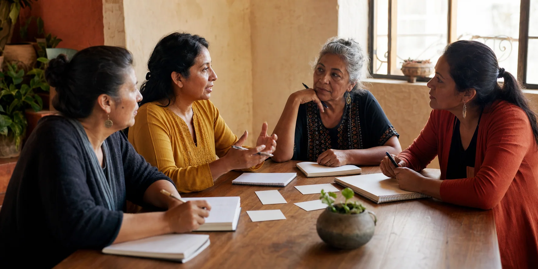 Mujeres conversan y organizan una iniciativa de apoyo comunitario